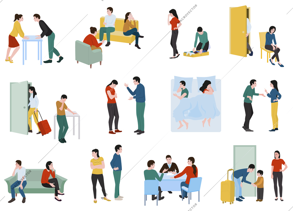 Couple in quarrel flat set of people  having relationship problem leaving family arranging divorce isolated vector illustration