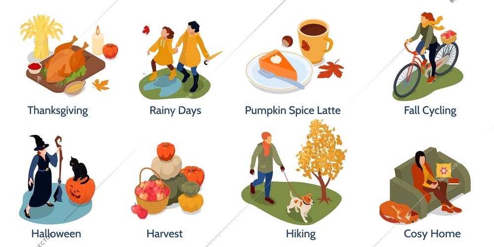 Autumn fall 8 isometric compositions with harvest halloween thanksgiving cozy home pumpkin pie cycling hiking vector illustration