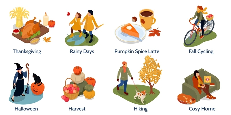 Autumn fall 8 isometric compositions with harvest halloween thanksgiving cozy home pumpkin pie cycling hiking vector illustration