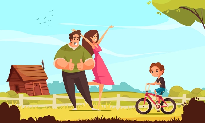 Cycling family background with sport and learning symbols flat vector illustration