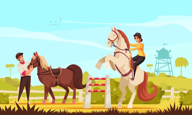 Horse riding background with sport and jockey symbols flat vector illustration