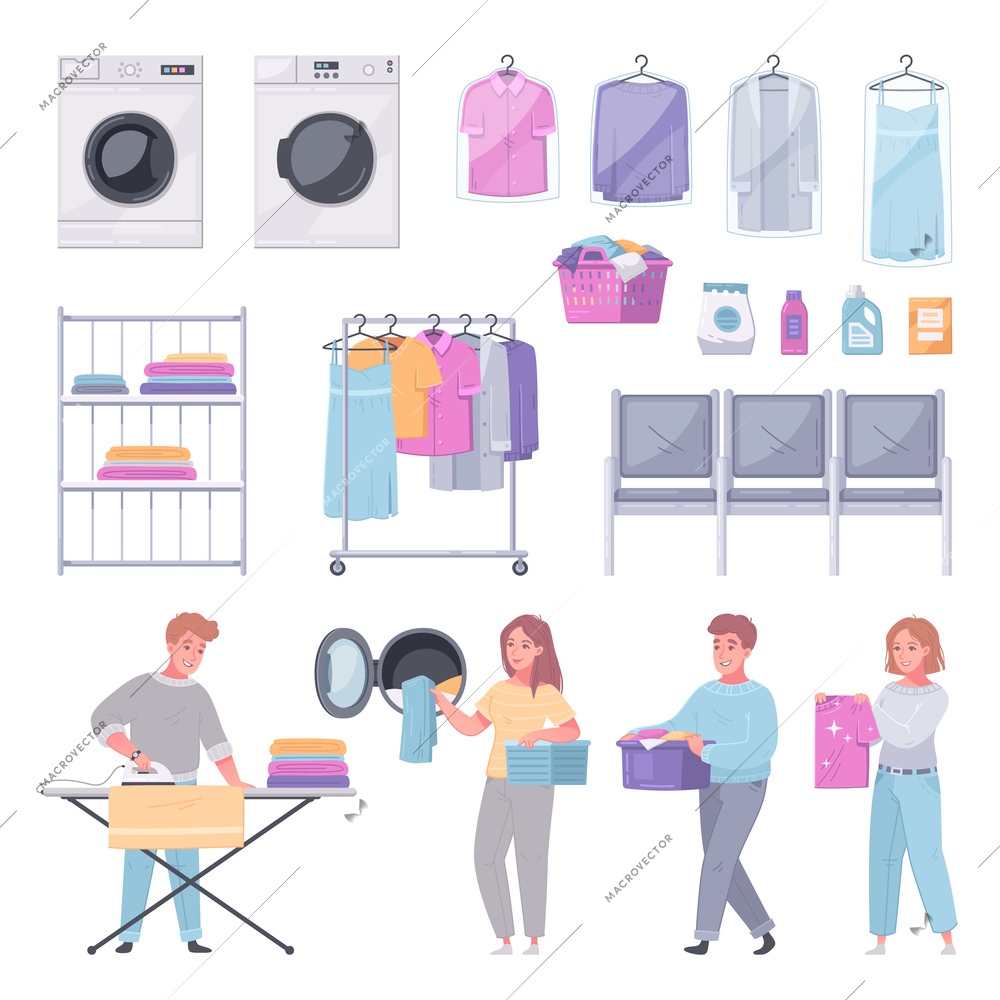 Laundry cartoon set with coin washing machines clothing racks hangers baskets customers loading washer ironing vector illustration