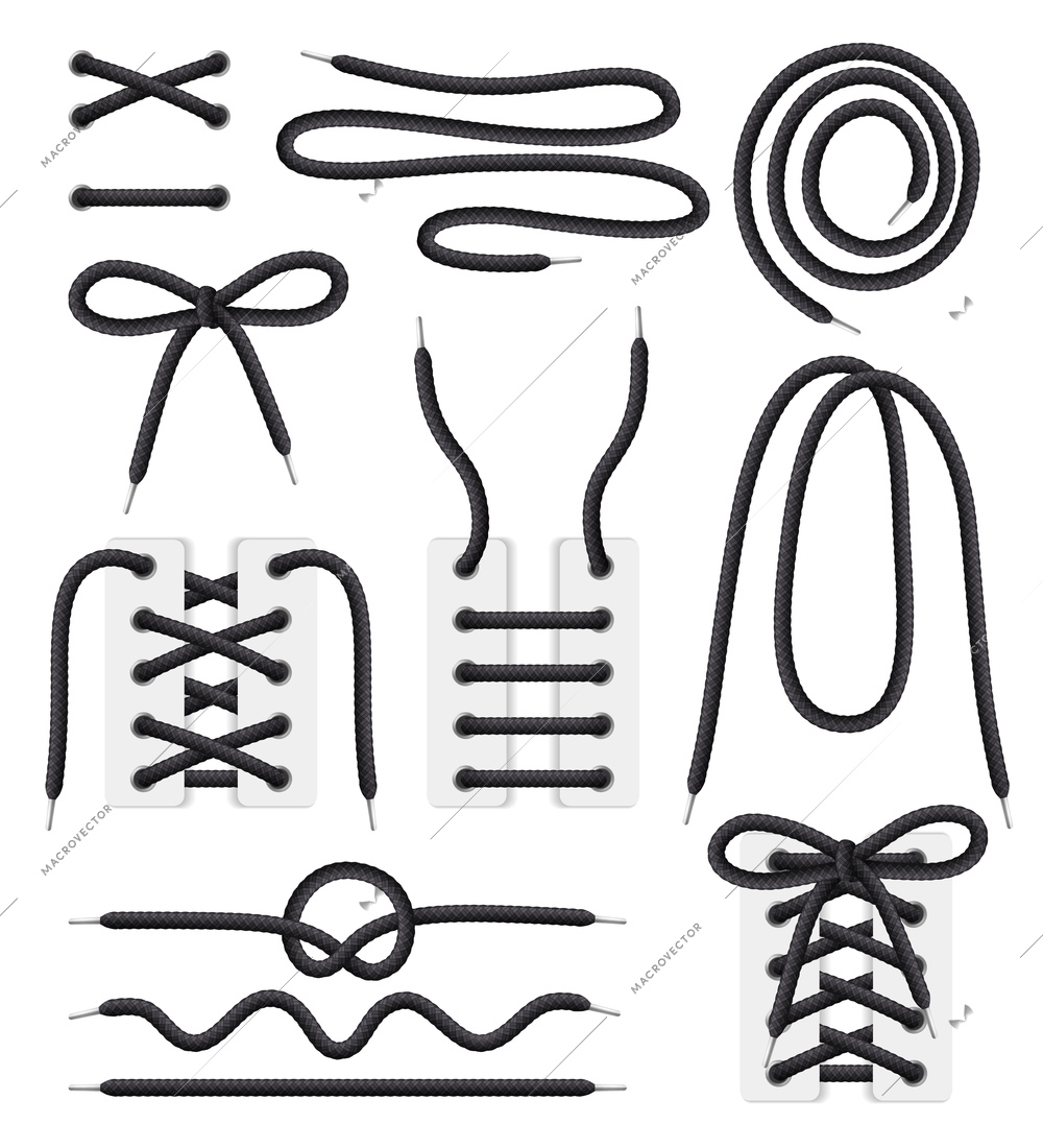 Shoelaces spiral curly coiled wavy white black realistic set with shoes corset bodies lacing patterns vector illustration