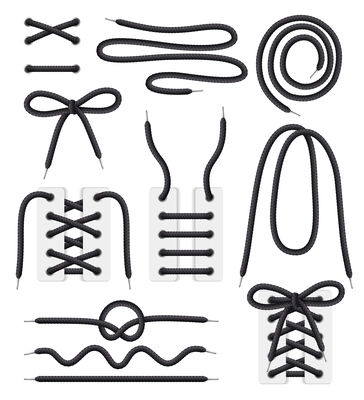 Shoelaces spiral curly coiled wavy white black realistic set with shoes corset bodies lacing patterns vector illustration