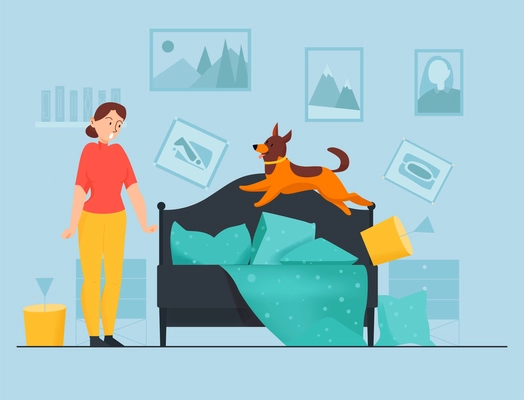 Frustrated woman and her mischievous dog jumping on bed in messy bedroom flat vector illustration