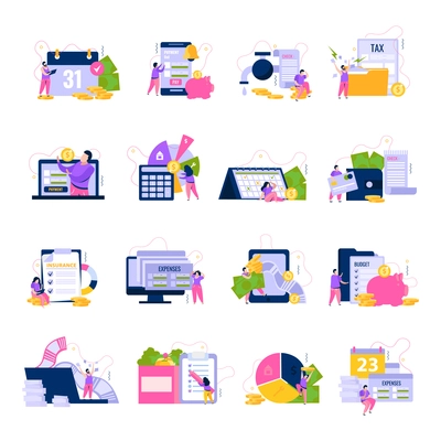 Monthly payments set of flat icons and isolated images of tax receipts calendars people and gadgets vector illustration