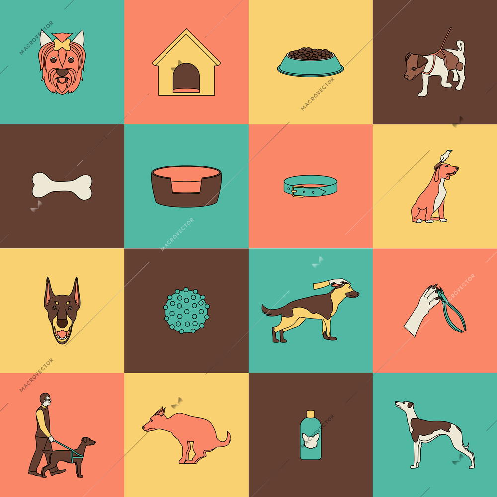 Dog icons flat line set with walking animal paw canine face isolated vector illustration