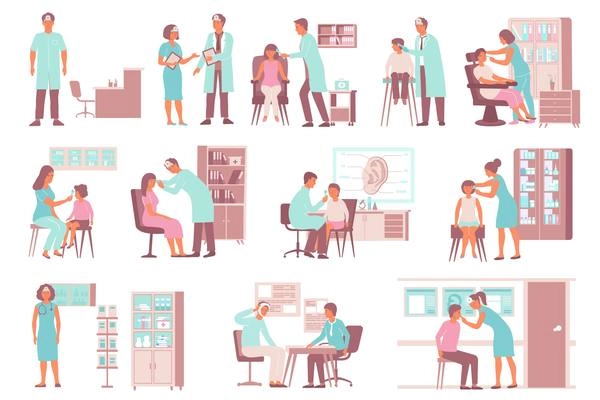 Otolaryngologist ent ear problem set of flat compositions with characters of doctors examining patients in office vector illustration