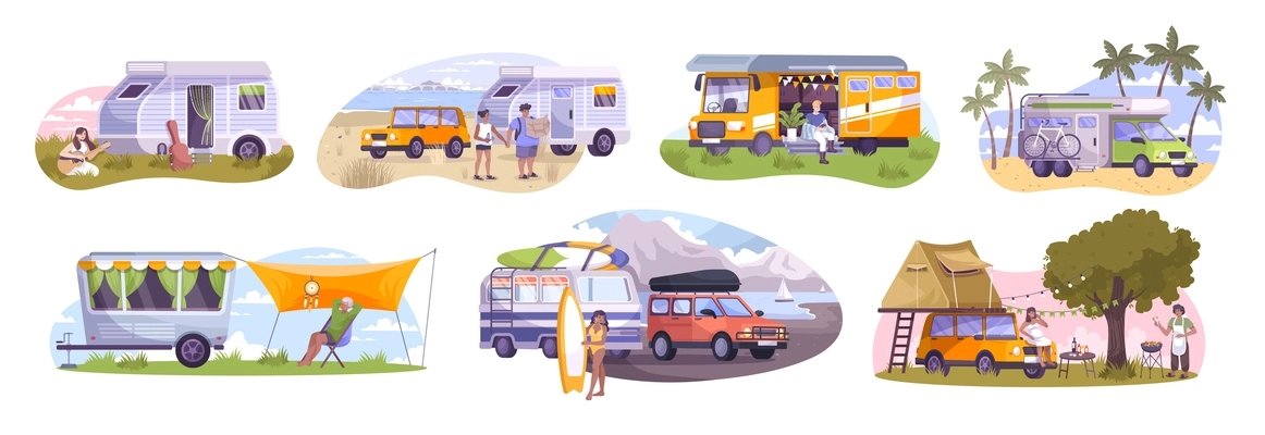 Trailer park with motor homes and trailers on beach river bank in forest mountains and relaxing human characters flat set isolated vector illustration