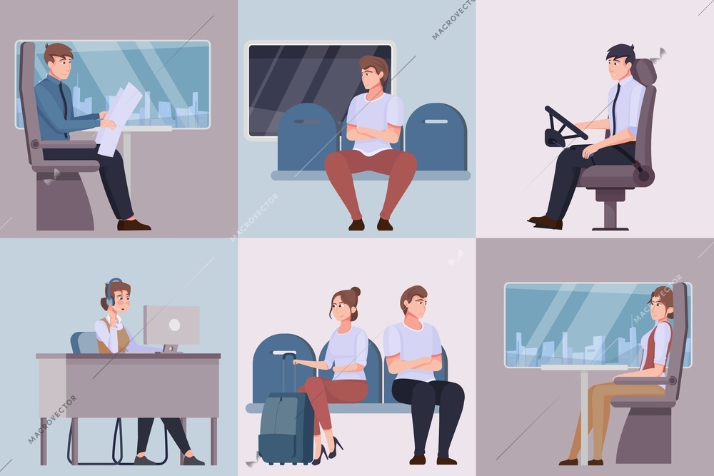 Public transport six square compositions set of dispatcher bus driver characters and people traveling in train and subway car flat vector illustration