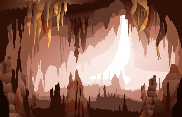 Limestone cave interior with hanging from ceiling stalactites and rising from floor stalagmites natural mineral formations vector illustration