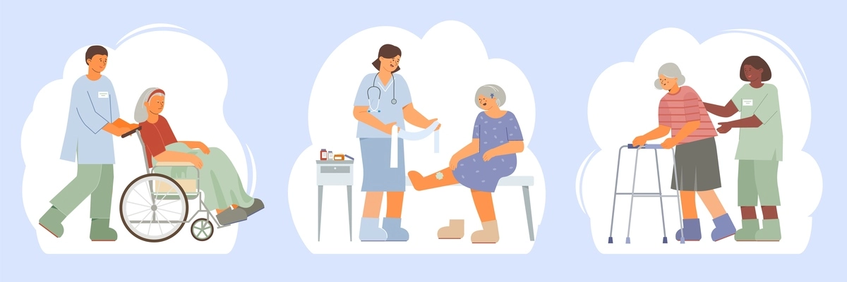 Elderly care flat composition set with medical staff helping senior women on wheelchair with walker applying bandage isolated vector illustration