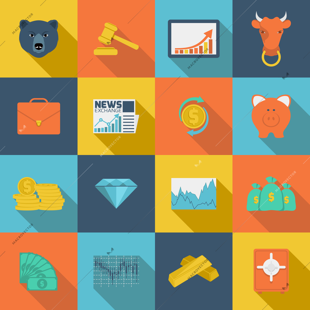 Finance investment analytics money investment currency exchange trading flat icons set isolated vector illustration