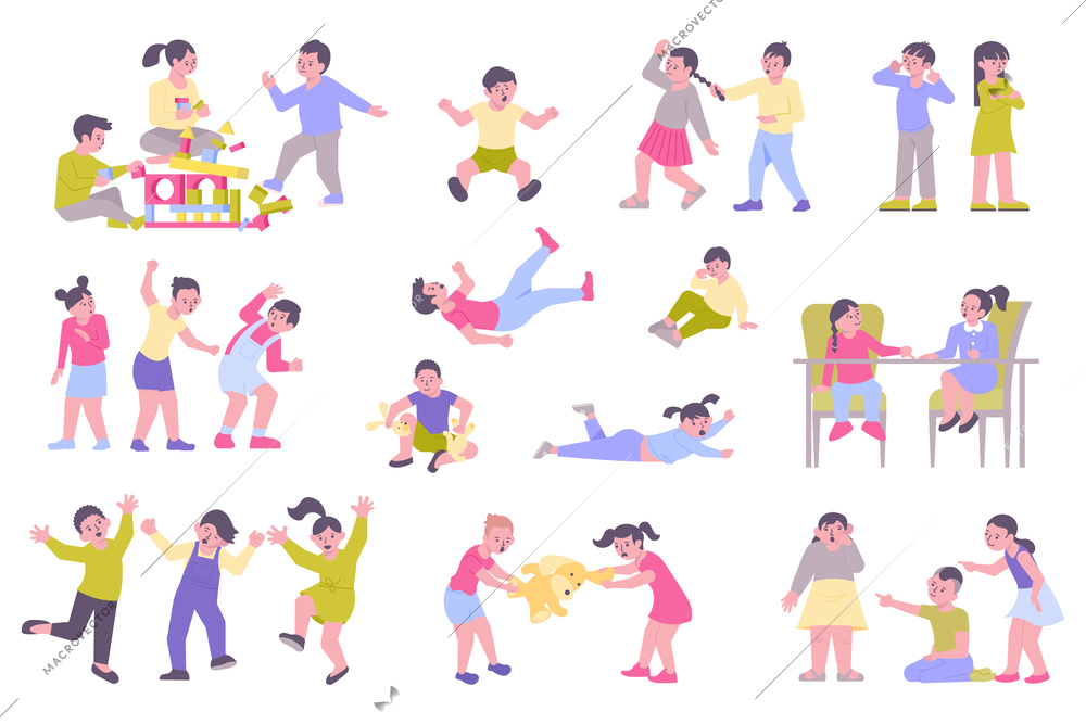 Child problems flat icons set with angry crying fighting quarrelling emotional boys and girls isolated vector illustration