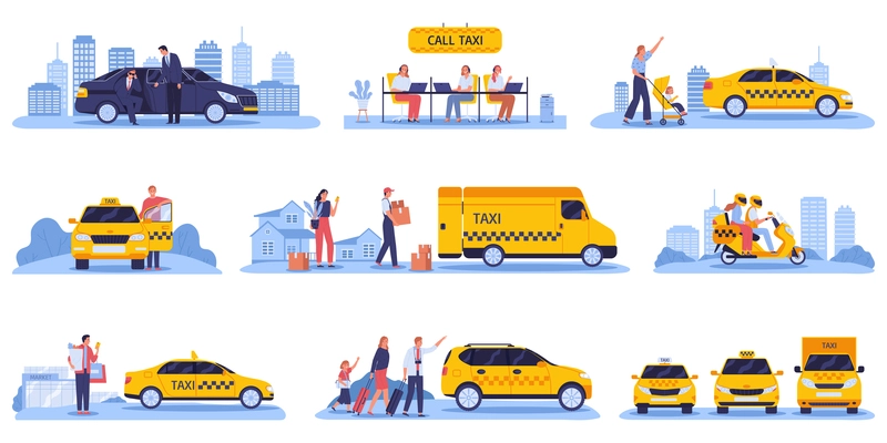 Taxi cabs with drivers and passengers with luxury cars vector illustration