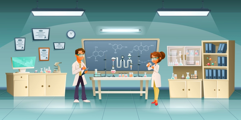 Scientists cartoon colored composition two colleagues conduct experiment and record results on the board and in a notebook