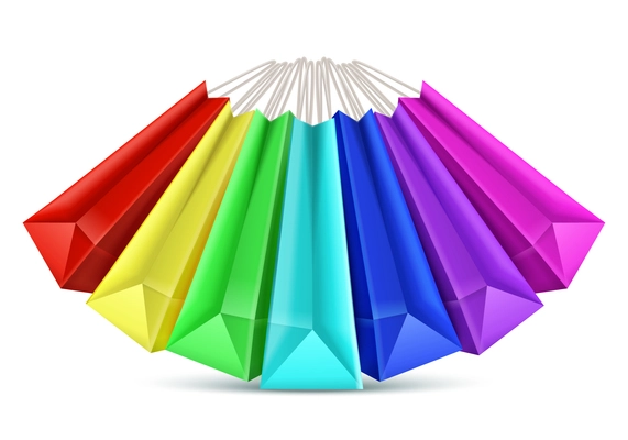 Shopping bag realistic composition with images of rainbow colored paper bags range with handles vector illustration