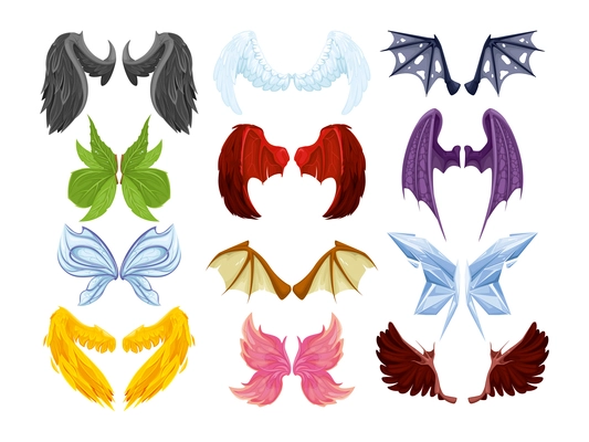 Mythical animal wings set with isolated images of colorful wingy masks for carnival with hairy wings vector illustration