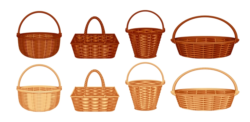 Wicker basket wet with isolated images of basket with different color with bright and dark wood vector illustration