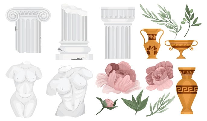 Antique green columns flowers set with isolated images of greek cultural value items with columns plants vector illustration