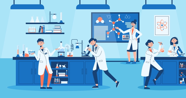 Flat laboratory composition five scientists are studying something and doing experiments in laboratory vector illustration