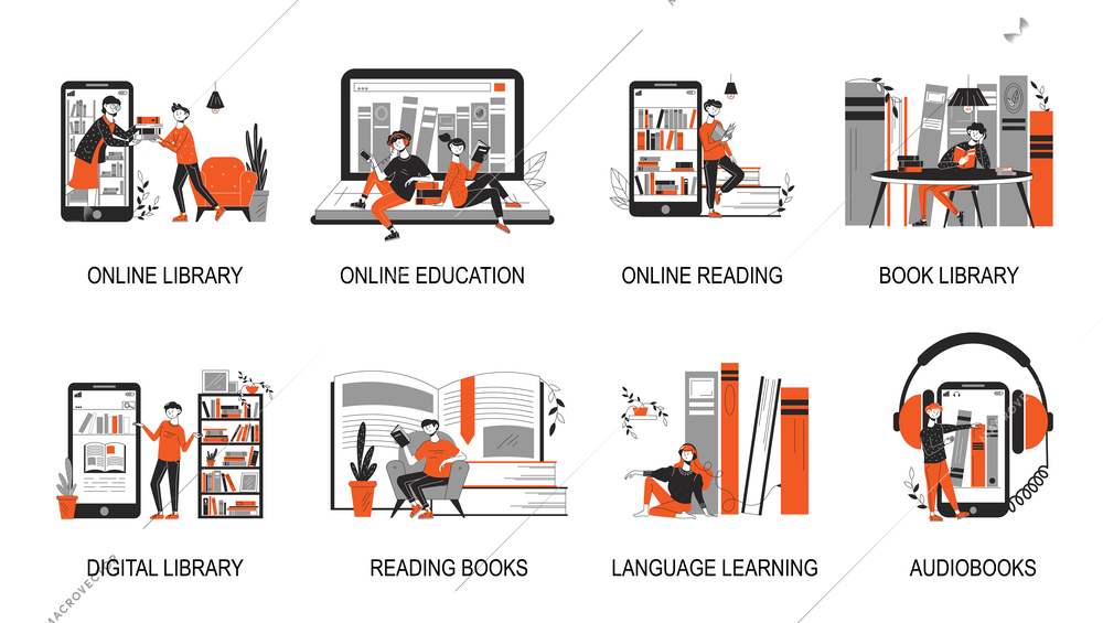 Online library composition set with online library online education reading book library language learning and other descriptions vector illustration