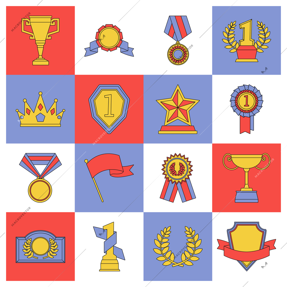 Award icons set flat line of medal flag cup competition insignia isolated vector illustration