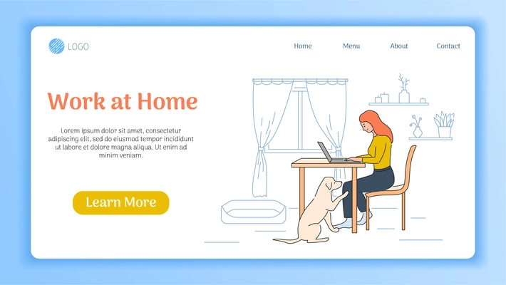 Work at home flat landing page with girl being disturbed by her dog during remote work vector illustration