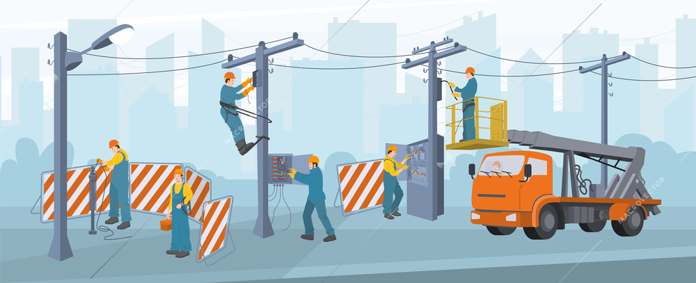 Electricity works service flat background with electricians working on city street with outdoor lighting line vector illustration