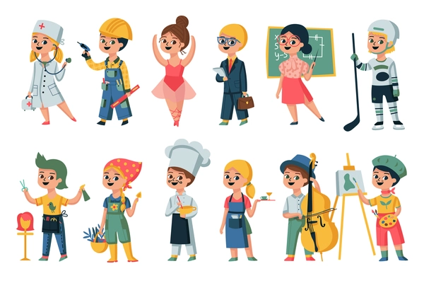 Children profession set of isolated cartoon style characters of kids wearing appropriate uniform with professional equipment vector illustration