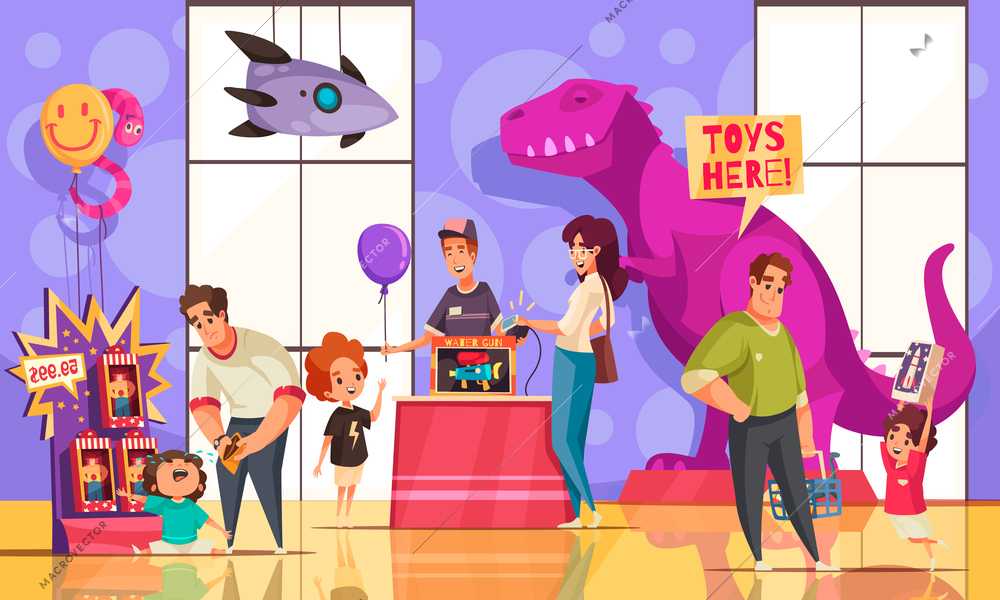 Toys shop cartoon vector illustration with children in store interior asking their parents to buy them toys