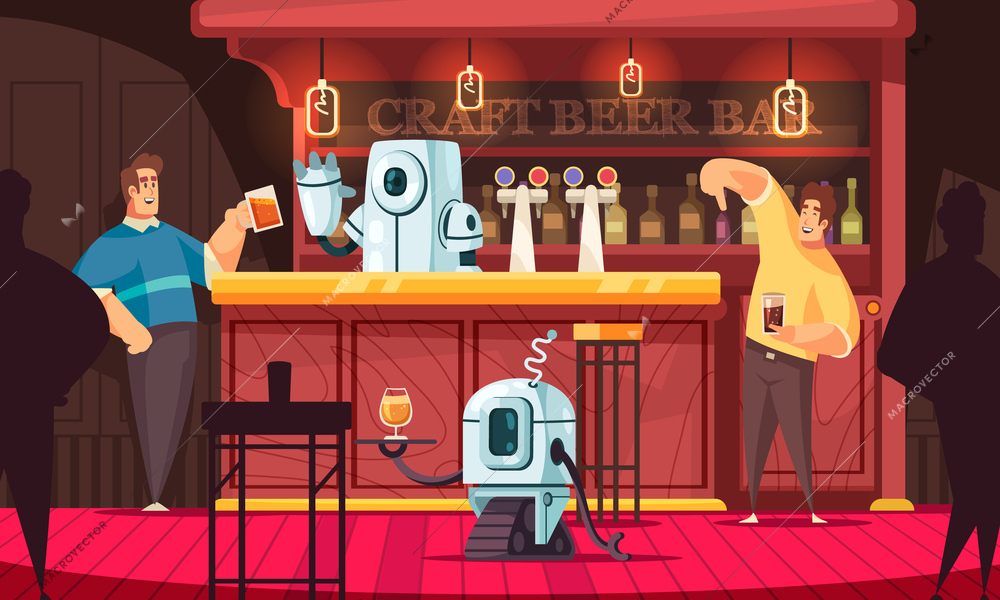 Fantasy flat background with waiter and bartender robot cartoon characters working in beer bar vector illustration