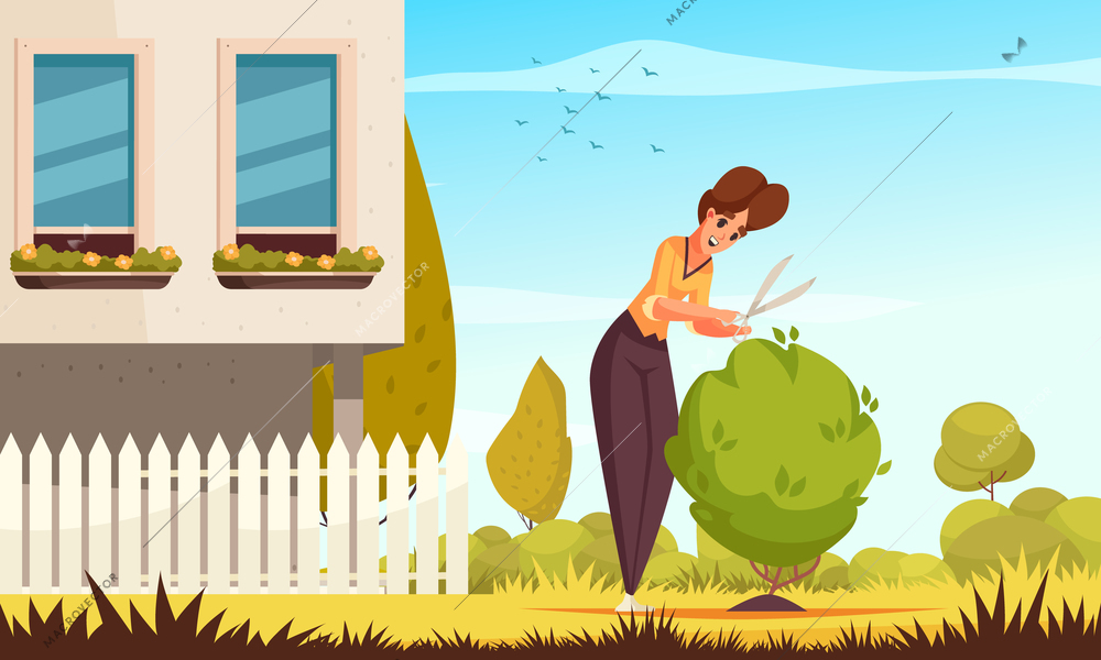 Summer daily routine flat composition with happy woman pruning bush near her country house cartoon vector illustration