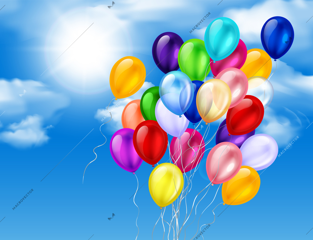 Colorful balloons bunch on sky realistic composition with sun heaven clouds and flying balloons with threads vector illustration