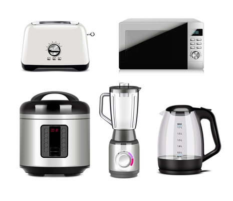 Set of isolated household kitchen appliances with realistic images of kettle microwave toaster blender and crockpot vector illustration