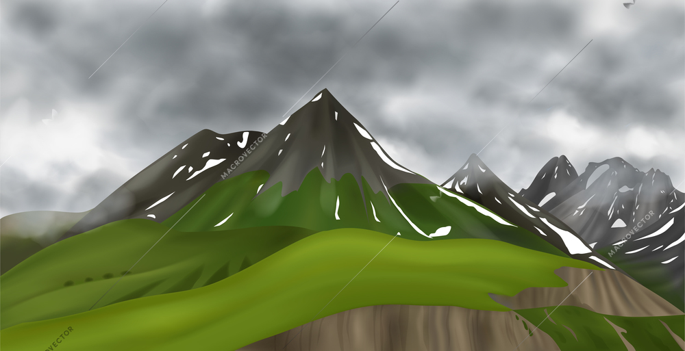 Realistic mountains landscape composition with cloudy weather scenery and hills covered with grass with smoky clouds vector illustration