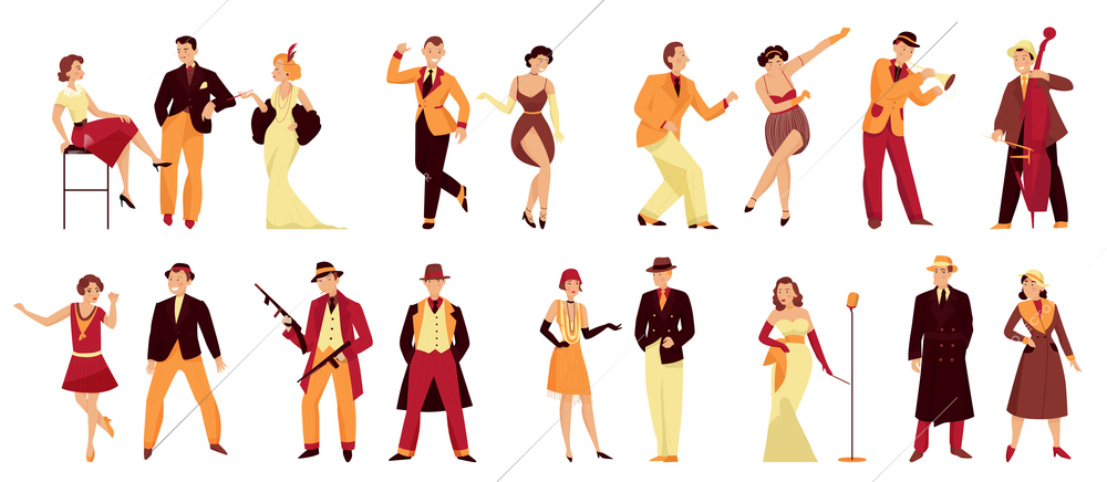 Retro twenties color set with isolated human characters of gangsters dancers and musicians in dandy clothes vector illustration
