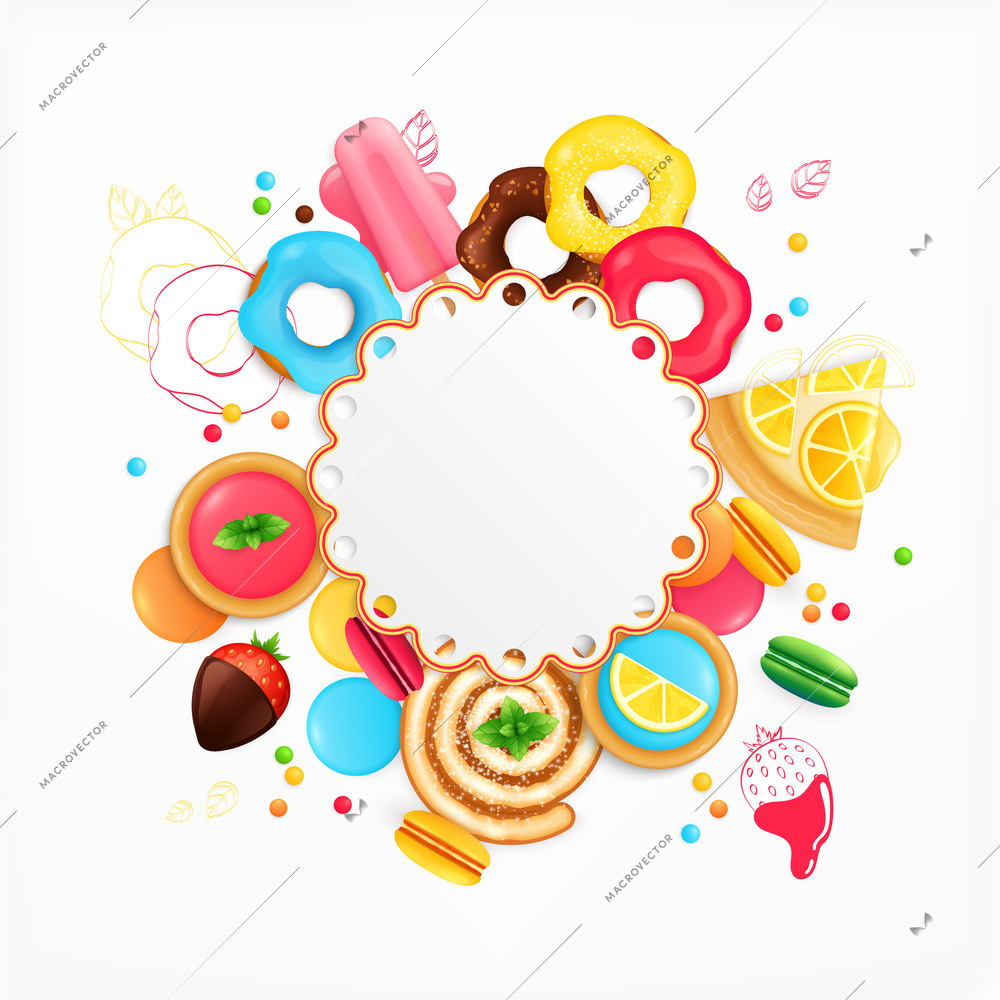 Desserts sweets cafe confectionary appetizing festive circular background with lemon cake chocolate covered strawberries doughnuts vector illustration