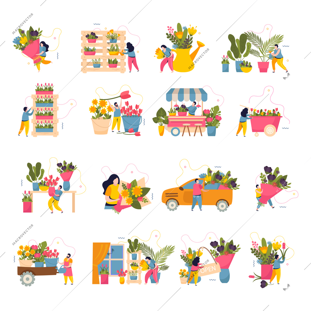Flower shop icons set with delivery symbols flat isolated vector illustration