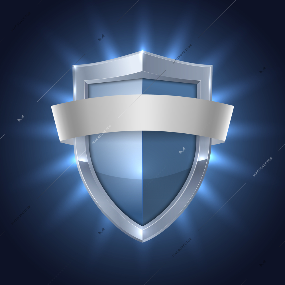 Glowing shield with blank ribbon safety badge on black isolated vector illustration