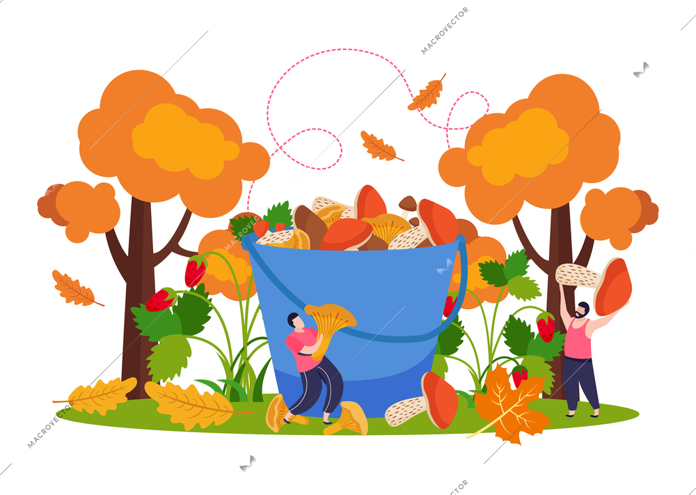 Mushrooms concept with autumn harvest and food symbols flat  vector illustration