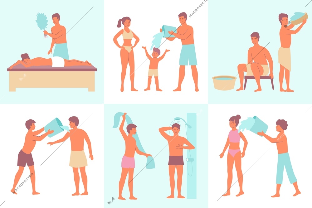 Water procedures set of flat square compositions with doodle human characters performing bathing procedures with accessories vector illustration