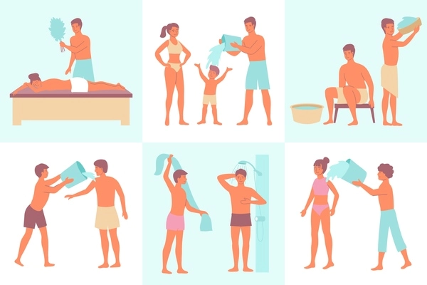 Water procedures set of flat square compositions with doodle human characters performing bathing procedures with accessories vector illustration