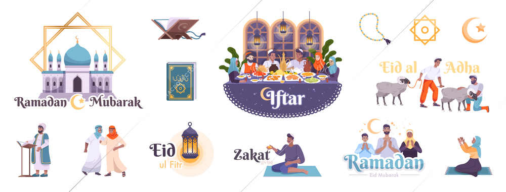 Islam holiday people set with flat human characters of prayers with isolated muslim icons and text vector illustration