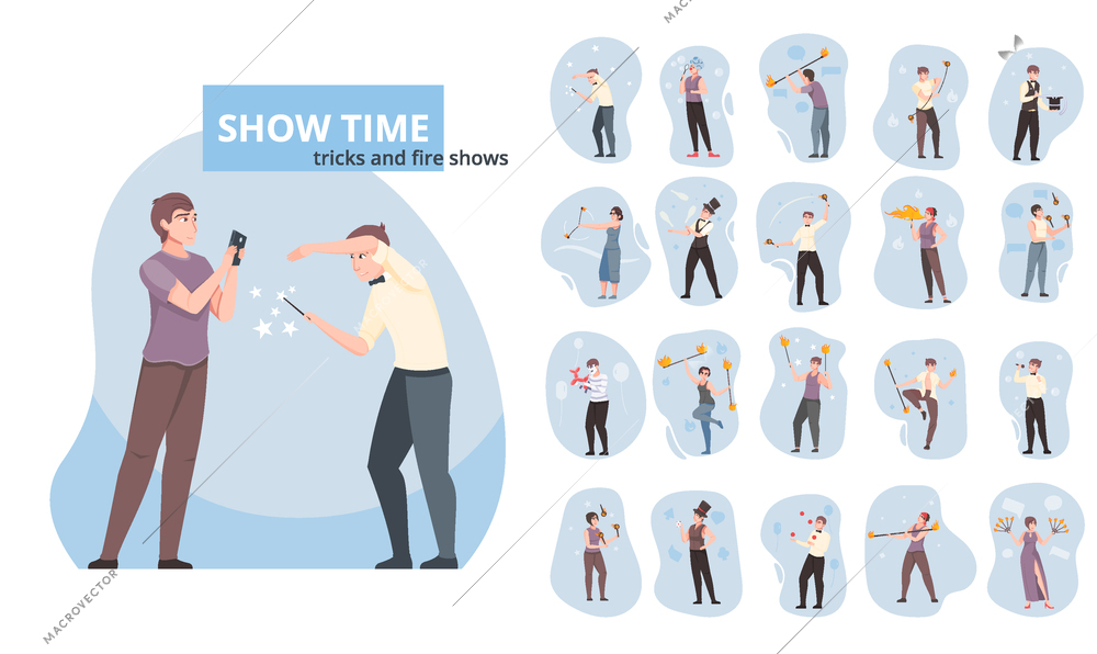 Show time flat icons set of illusionist trickster clown fire show performer characters isolated vector illustration