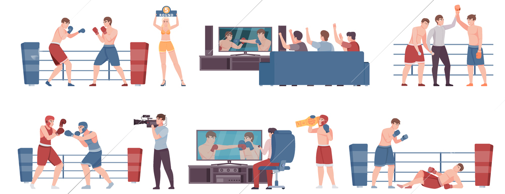 Boxing competition flat compositions with cameraman films struggle of athletes and fans watching match on tv vector illustration