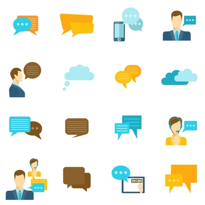 Chat icons flat set with speech bubbles and people speaking isolated vector illustration