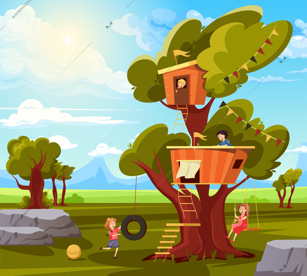 Children tree wood house composition with outdoor landscape and playing kids with house hanging on trunk vector illustration