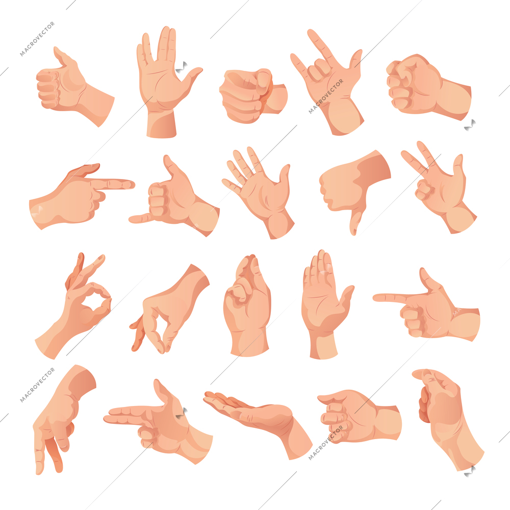 Human hands icon set with isolated images of white skin crossed fingers signs different hand gestures vector illustration