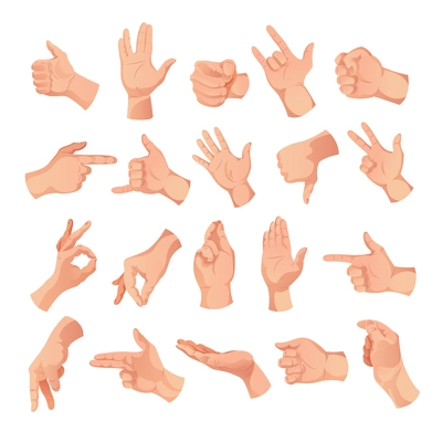 Human hands icon set with isolated images of white skin crossed fingers signs different hand gestures vector illustration
